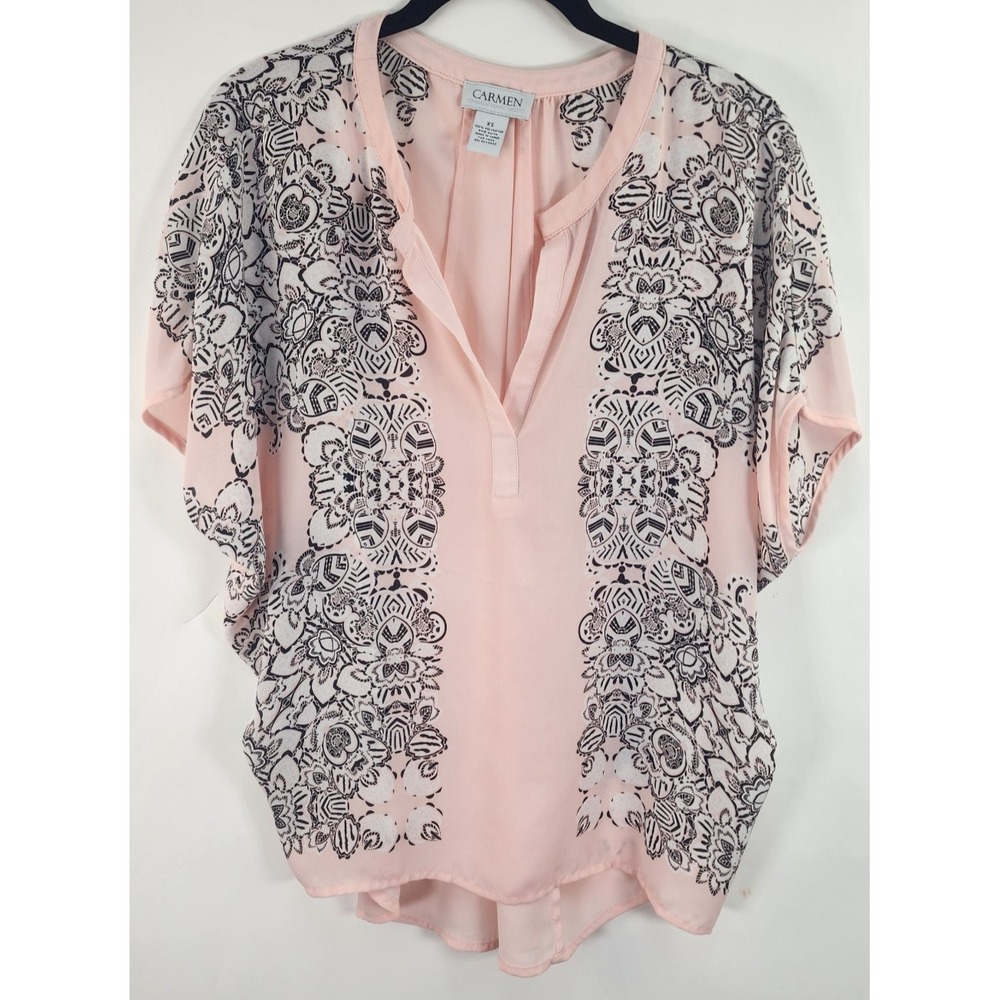 Carmen Marc Valvo Floral Top Womens XS Pink Semi Sheer Romantic Breezy Chic